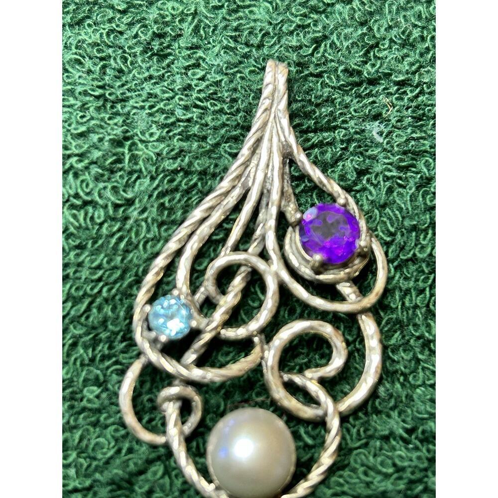 Blue Topaz, Purple Amethyst, Pearl, 925 Sterling Silver Pendant